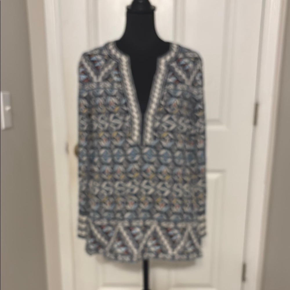 Tory Burch Blue and White Long Sleeve Mandarin Collar Tunic